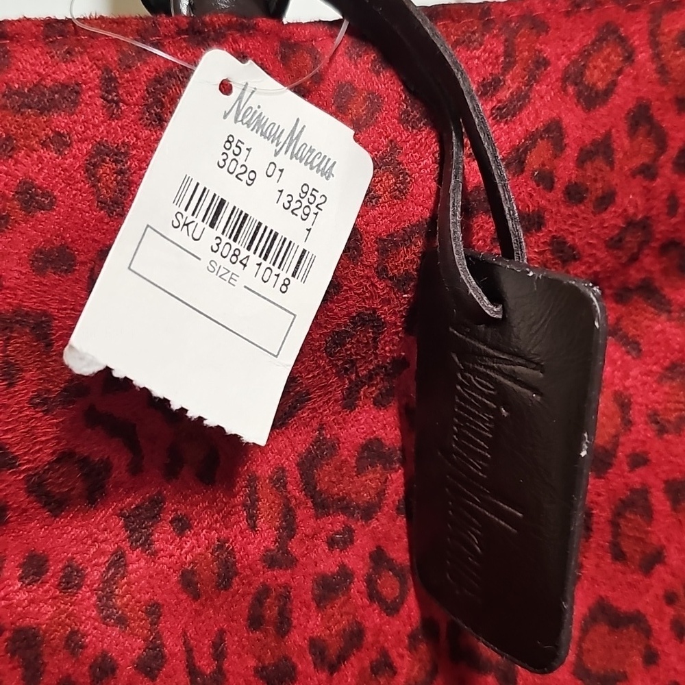 NWT Neiman Marcus Red Faux Suede Leopard Print Tote Bag Faux Leather Straps - Picture 2 of 10